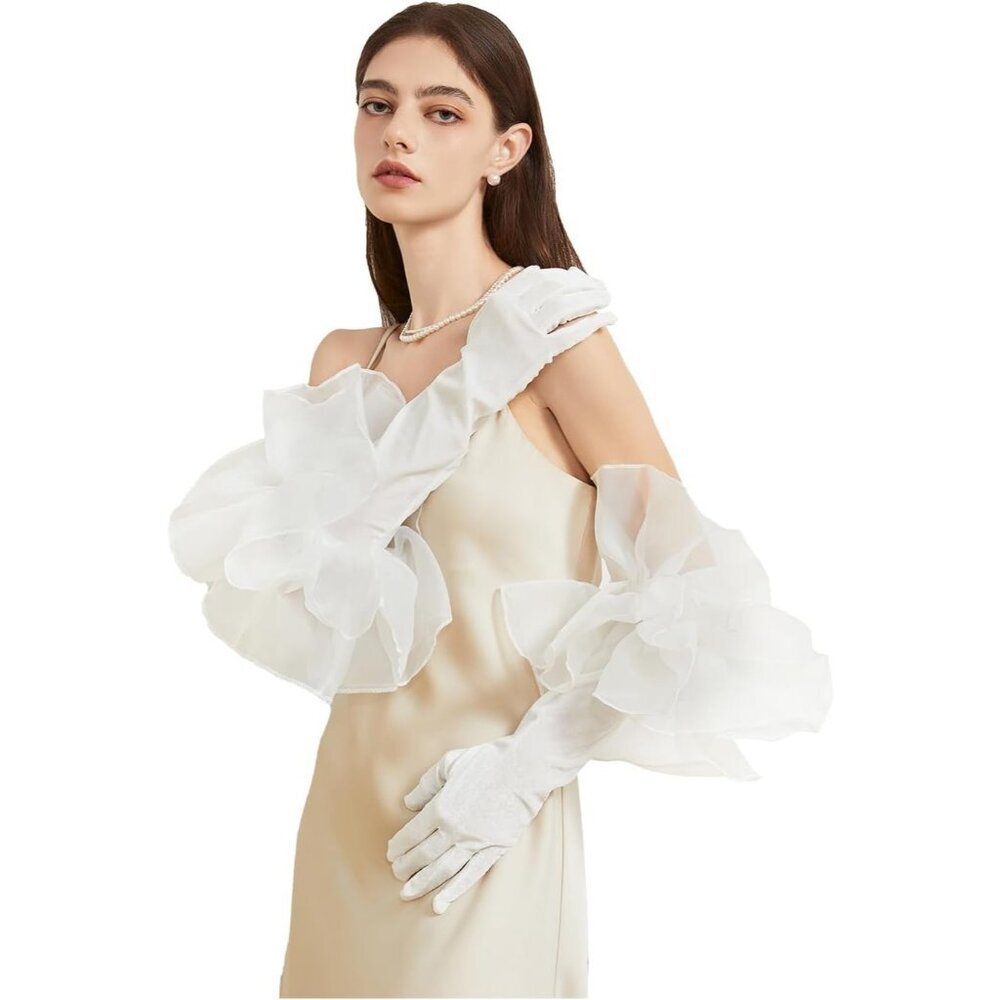 Women's Velvet White 50cm Satin Tulle  Puff Long Gloves Banquet Wedding Party
